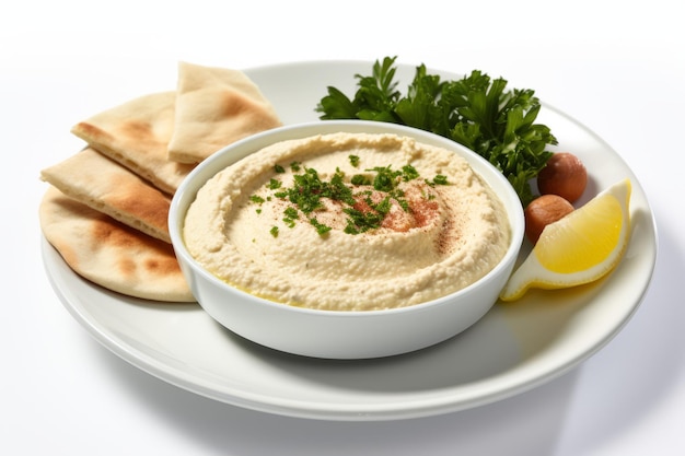 Ливанская тарелка с хумусом на белом фоне