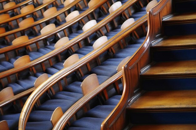 Photo lecture chairs in a class room with stair path in the middle of a class