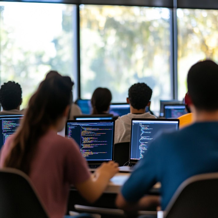 Photo a lecture on computer science with students coding on laptops while a professor explains algorithms