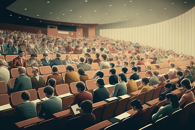 Lecture hall or seminar full of spectators.