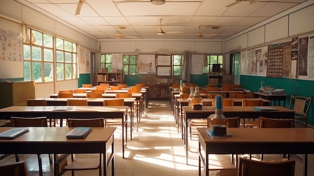 Lecture room or School empty classroom with desks and chair iron wood for studying lessons in high school Thailand interior of secondary education with whiteboard