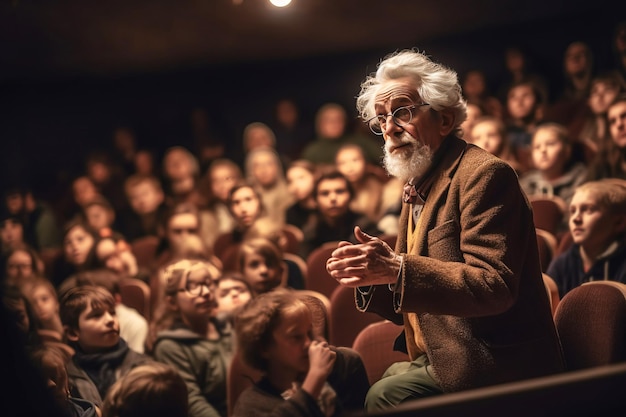 Lecture in university auditorium to group of students by a grayhaired professor teacher AI generated