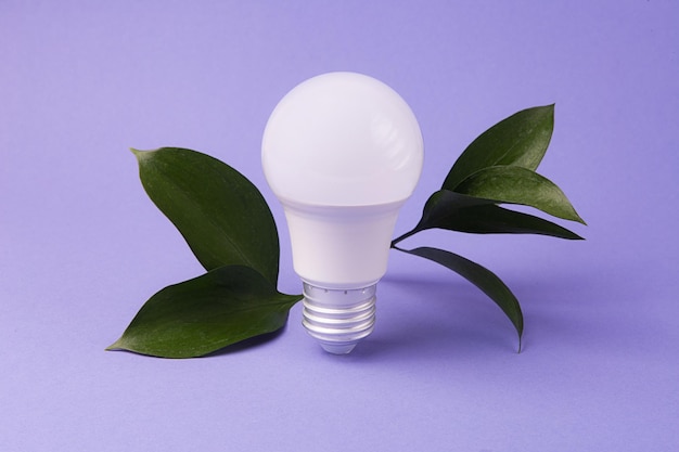 Foto lampadina a led con foglie verdi fresche concetto di energia verde