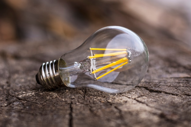 LED bulb on wooden plank