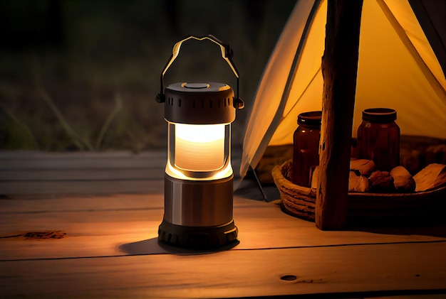 Led camping lamp on the wooden table