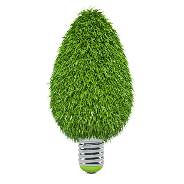 LED lamp saving bulb from green grass 3D rendering