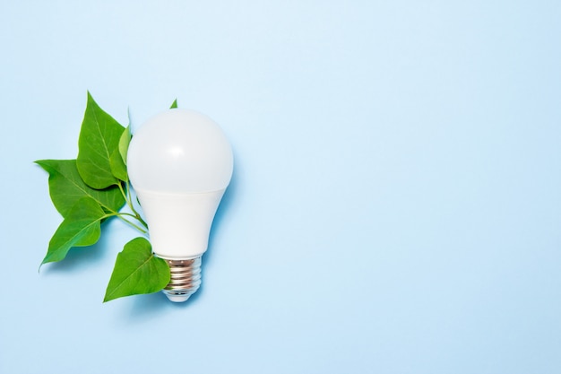 Led lamp with leaves on a blue background