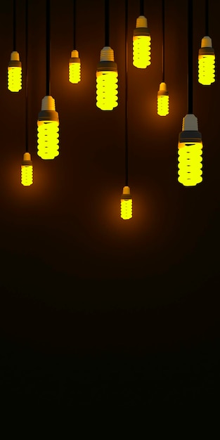 Светодиодные лампы желтого освещения на черном фоне Скопируйте пространство 3D рендеринга