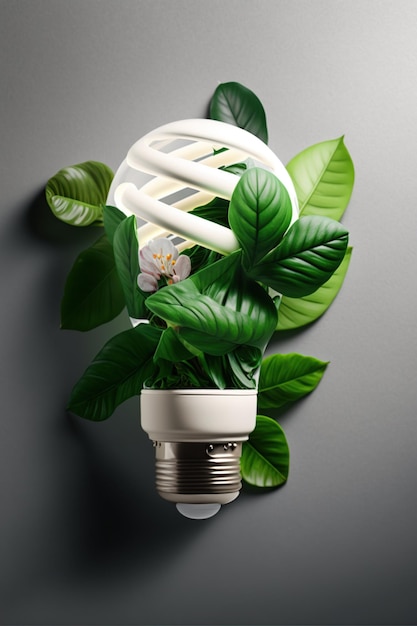 LED light lamp with green leaves and flowers ECO energy concept Saving Energy and Ecological Environment Renewable and saving energy eco or green power consumption concept AI Generative