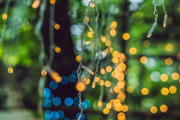 Photo led lights garland, colorful light bulbs on a bokeh background