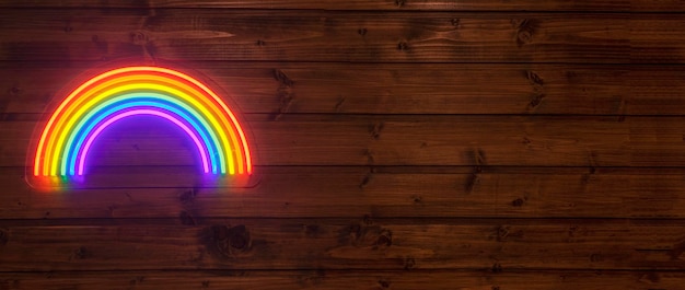 Photo led neon rainbow hanging on the wooden wall