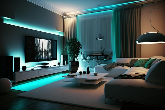 현대적이고 편안한 거실을 비추는 LED 스트립 AI Art