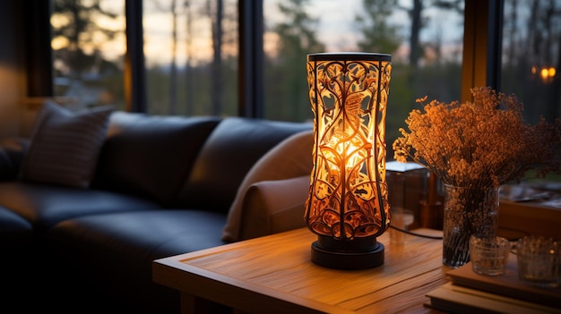 LED Table Lamp on the wooden table