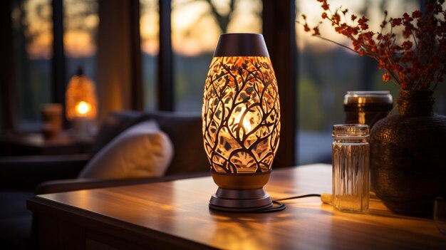 LED Table Lamp on the wooden table