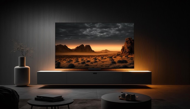 거실의 어두운 벽에 있는 LED TV 미니멀 디자인 Generative AI