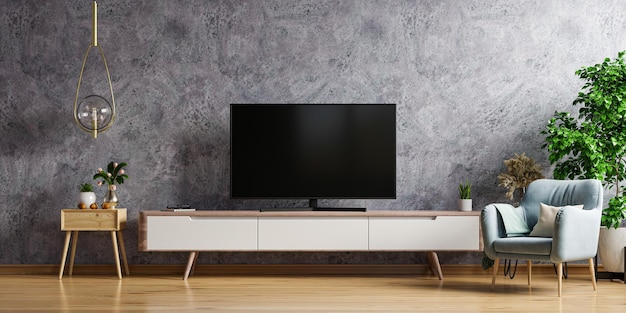 LED-tv in woonkamer de betonnen muur met fauteuilminimaal ontwerp3D-rendering