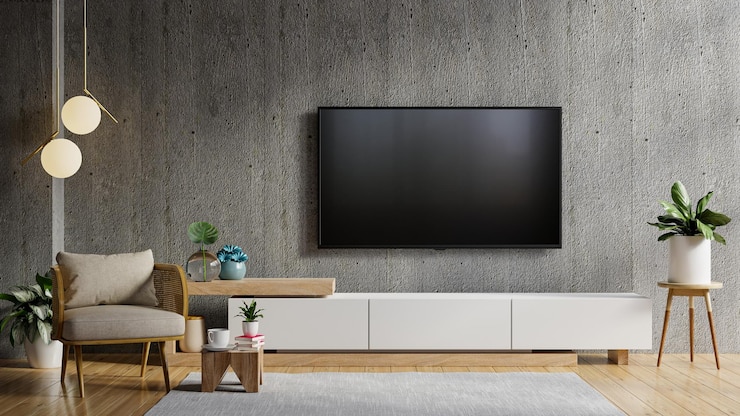 Photo led tv mockup on cabinet in living room the concrete wall3d rendering