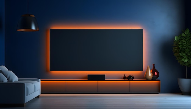 led-tv op de donkere muur in minimaal ontwerp in de woonkamer