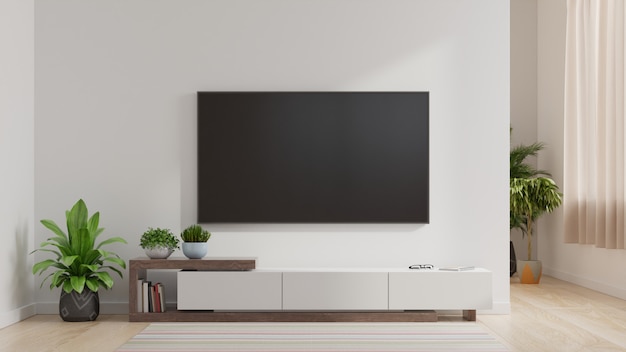 거실, 최소한의 디자인에 흰 벽에 LED TV.