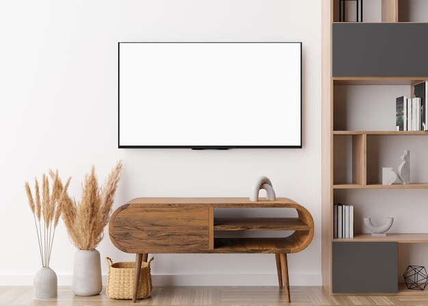 LED TV with blank white screen hanging on the wall at home TV mock up Copy space for advertising movie app presentation Empty television screen ready for your design Modern interior 3D render