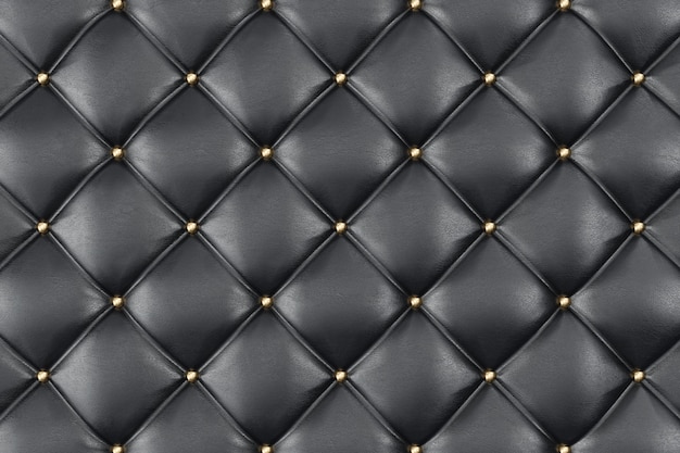 Lederen bekleding Sofa achtergrond. Zwarte luxe decoratiebank. Elegante zwarte lederen textuur met knoppen voor patroon en achtergrond. Lederen textuur voor grafische hulpbronnen. 3D-weergave