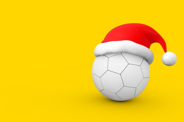 Lederen witte voetbal Voetbal met rode kerstmuts op een gele achtergrond. 3D-rendering