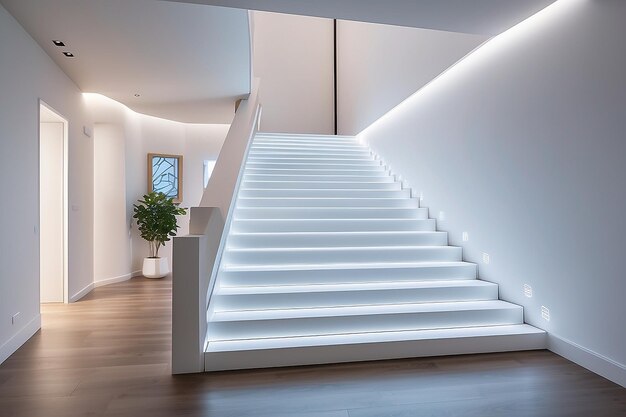 Ledlit staircase with motionsensing steps in a hightech home mockup with blank white empty space for placing your design