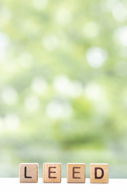 Leed word is written on wooden cubes on a green summer background Closeup of wooden elements