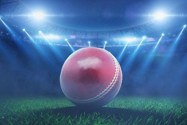 Leeder rode cricketbal ligt op het gras in het stadion met blauwe schijnwerpers tijdens het crickettoernooi Cricket Championship creatief idee