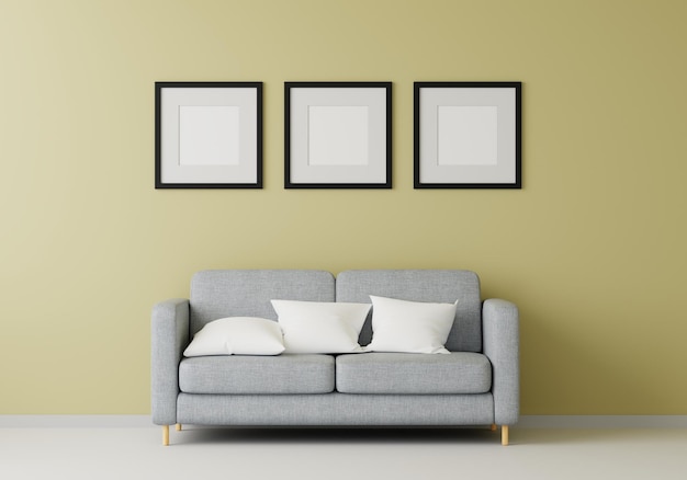 Leeg afbeeldingsframe mockup in moderne interieur woonkamer minimalistische stijl 3D rener illustratie