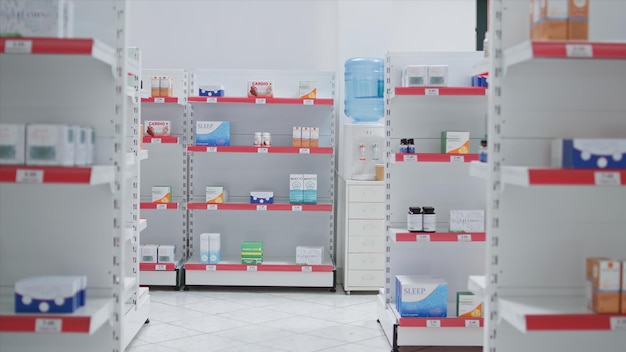 Leeg apotheek uitgerust met medische benodigdheden en producten