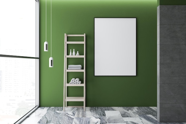 Leeg badkamer interieur met groene muren, zoldervensters, een grijze marmeren vloer, planken met handdoeken en een verticaal posterframe op de muur.