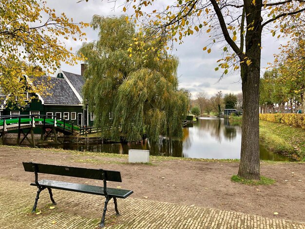 Foto leeg bankje in het park bij het meer