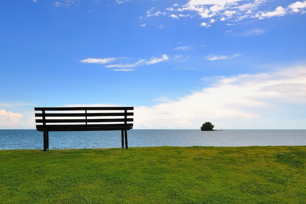 Leeg bankje op het grasveld bij de zee tegen de blauwe lucht