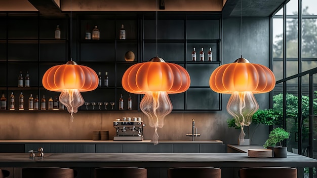 Foto leeg bar toonbank met creatieve kwallenvormige lampen