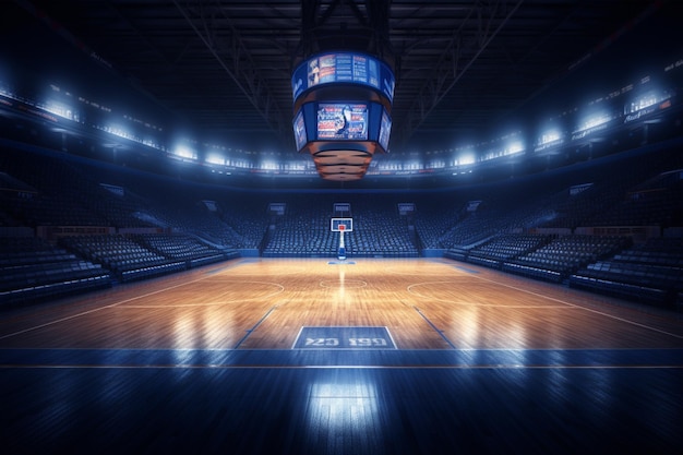 Leeg basketbalveld met lichten en schijnwerpers 3D-rendering