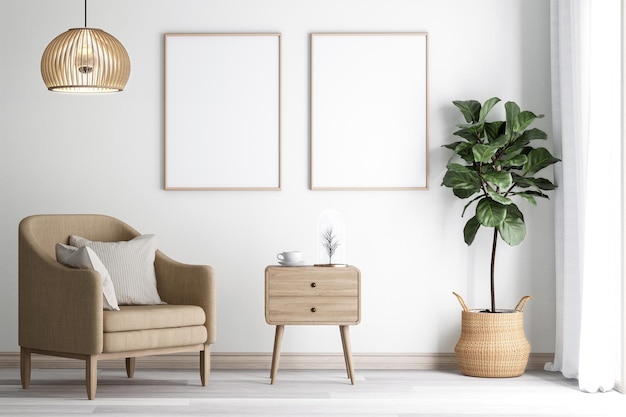 Leeg beeldkader van hout hangen op de muur van de woonkamer 3d render bij het raam met witte gordijnen versierd met een bruine fauteuil een moderne houten kast en potplanten