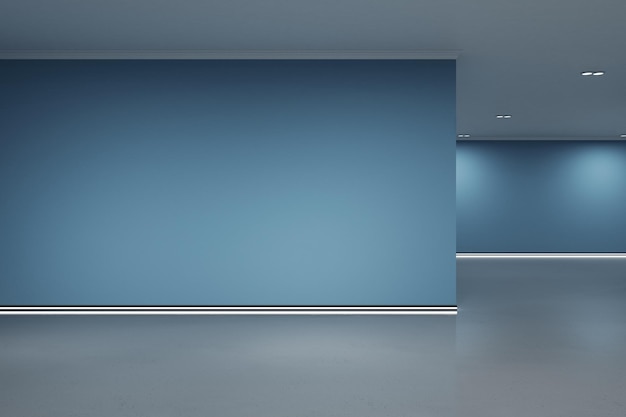 Leeg blauw galerij interieur met mock-up plaats op de muur en reflecties op de vloer Kunst geen mensen museum en tentoonstelling concept 3D Rendering