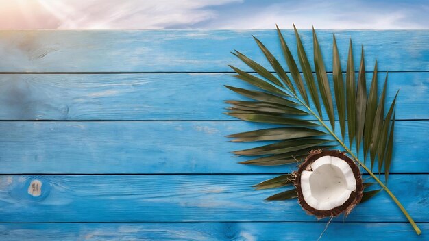 Leeg blauw houten tafelplaat met kokosnootblad op een zachte achtergrond