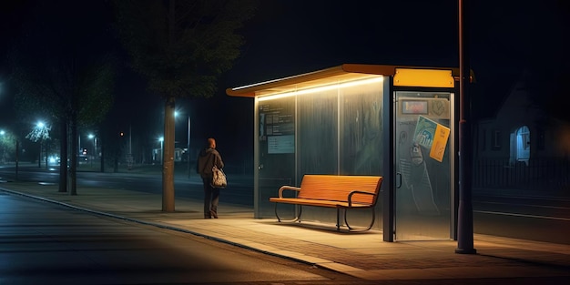 Leeg bord bij de bushalte met lichtpaden nachtfoto