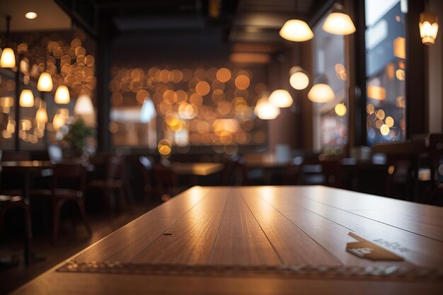 Leeg bord in een gezellig dim verlicht café met bokeh lichten op de achtergrond