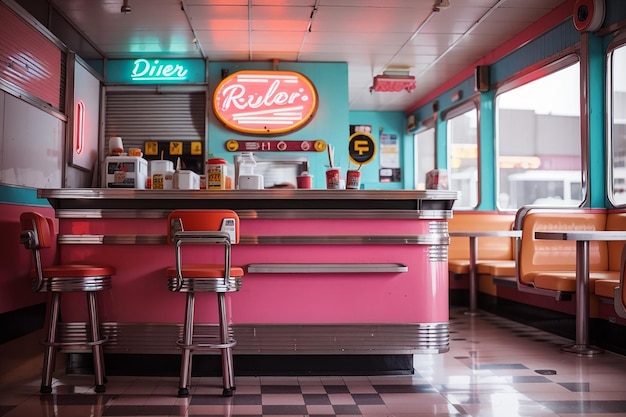 Leeg bord in een retro diner met neonborden