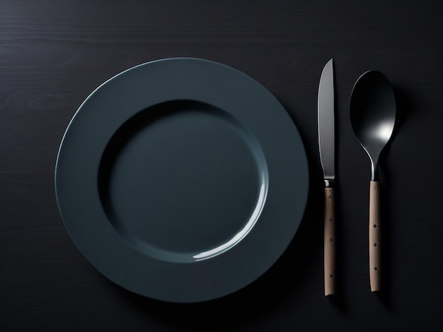 Leeg bord met bestek op zwart houten tafelblad bekijken