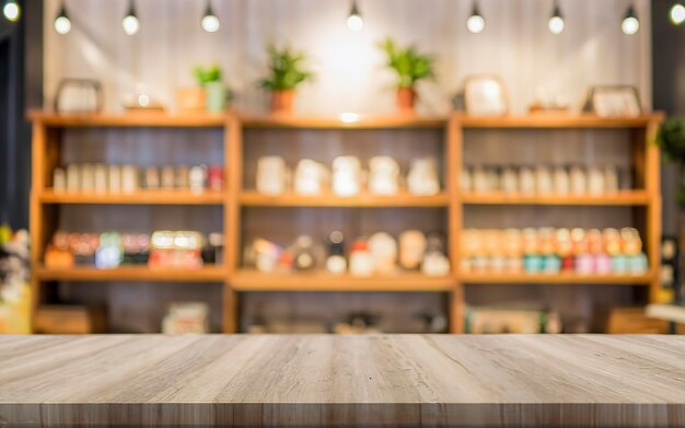 Leeg bovenste houten planken en wazig café café achtergrond product weergave sjabloon