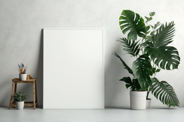 Leeg canvas met lege mockup-kopieerruimte Thuisplant tropische palm in rotanpot Minimaal kunstenaarsstudio-interieurconcept