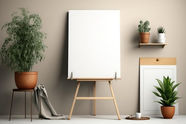 Leeg canvas op houten schildersezel ladekast plant en beige muur