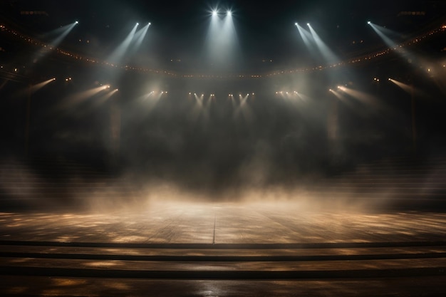 Foto leeg concertpodium met verlichte schijnwerpers en rook stage achtergrond met kopieerruimte