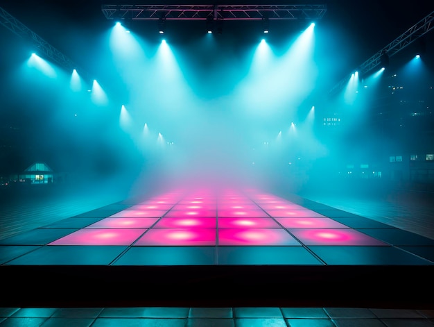 Leeg disco dansvloer achtergrond met mist podium en plafond schijnwerpers mockup Generatieve AI