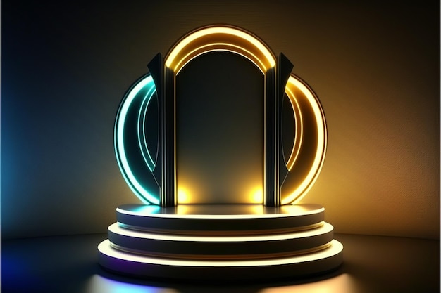 Leeg display podiumontwerp in ovale en kubusvormen voor verlichte halve cirkels neonlamp op futuristische stijl muur achtergrond