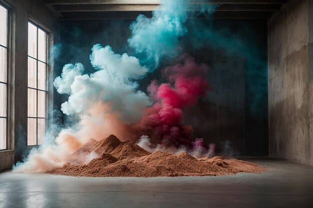 Leeg donkere abstracte cement muur versterker studio kamer met rook zweven naar boven interieur producten muur achtergrond